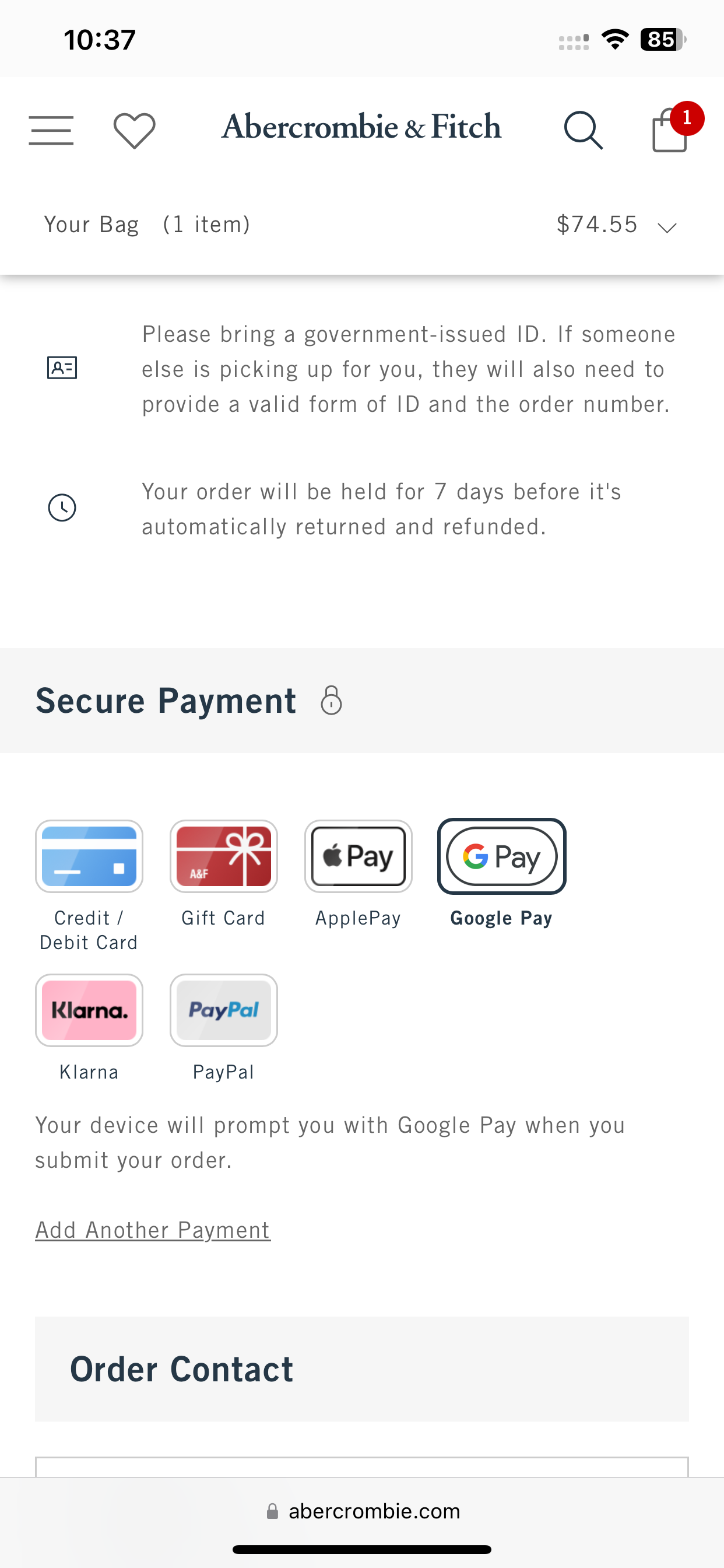 Abercrombie & Fitch accepts Google Pay & Apple Pay online.