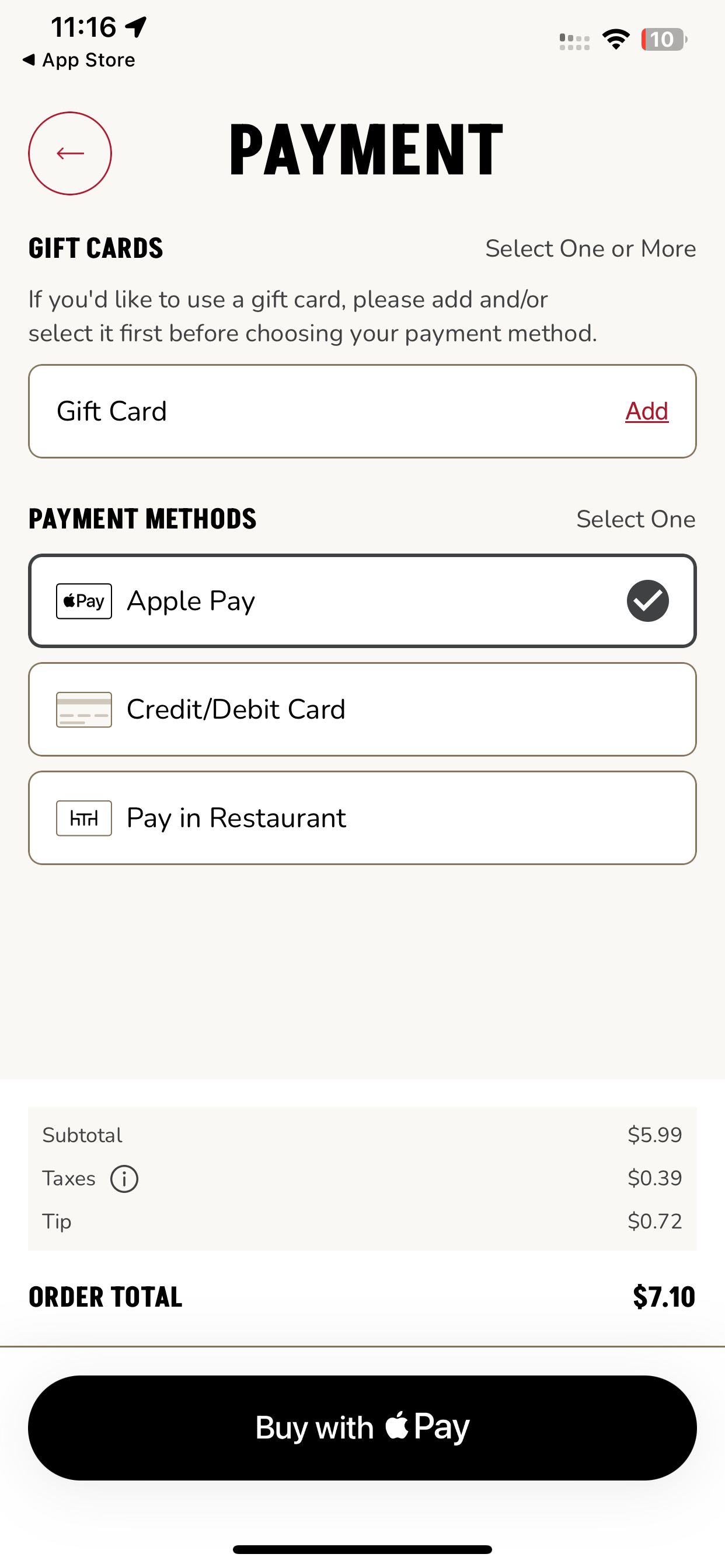 Applebee's accepts Apple Pay in its iOS app.