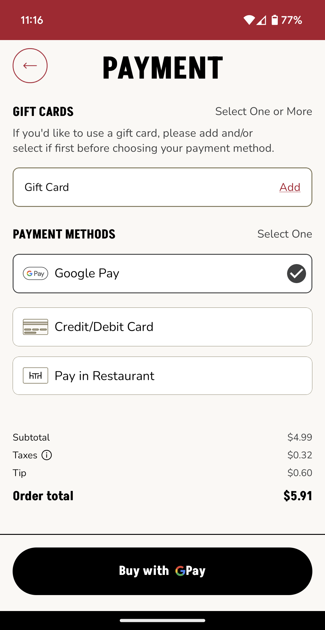 Applebee's accepts Google Pay in its Android app.