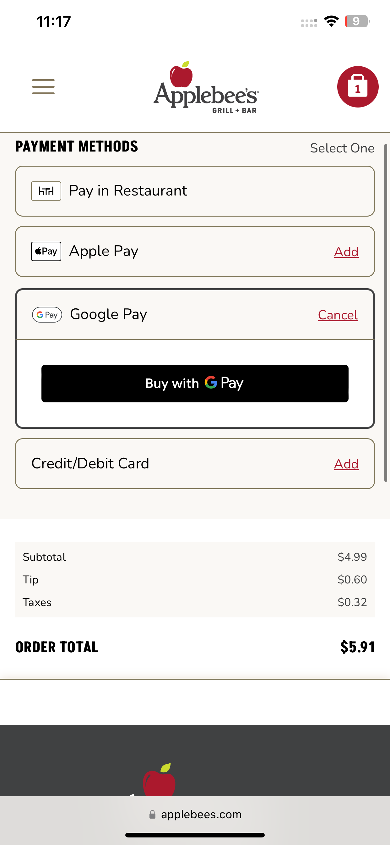 Applebee's accepts Google Pay & Apple Pay online.