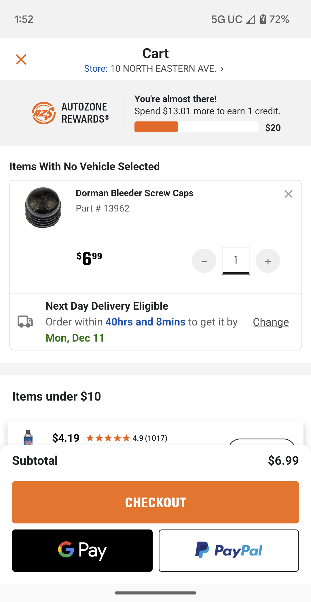 AutoZone accepts Google Pay in-app.
