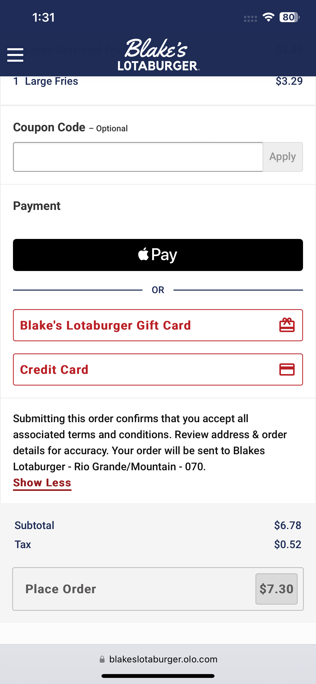 Blake's Lotaburger accepts Apple Pay online.