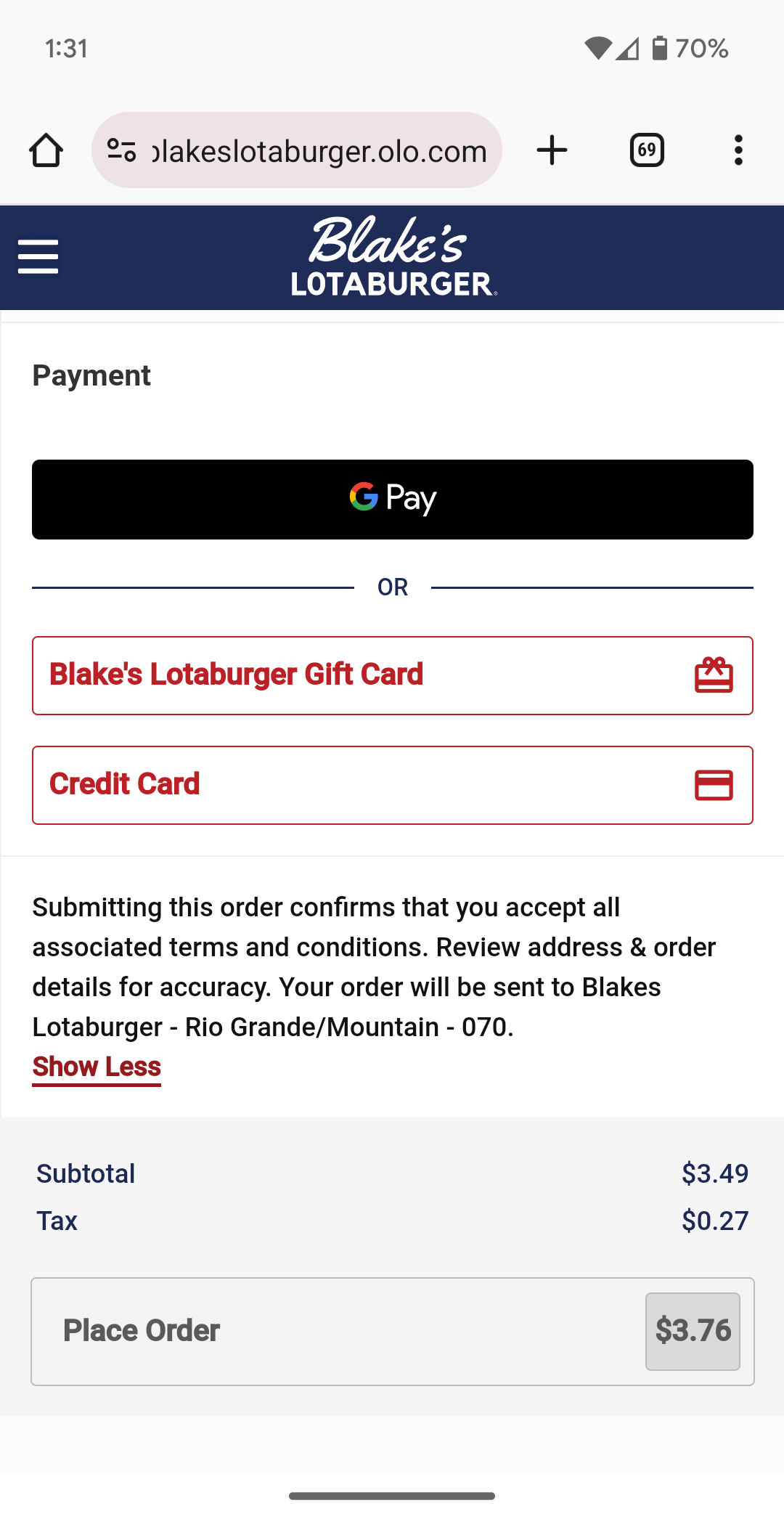 Blake's Lotaburger accepts Google Pay online.