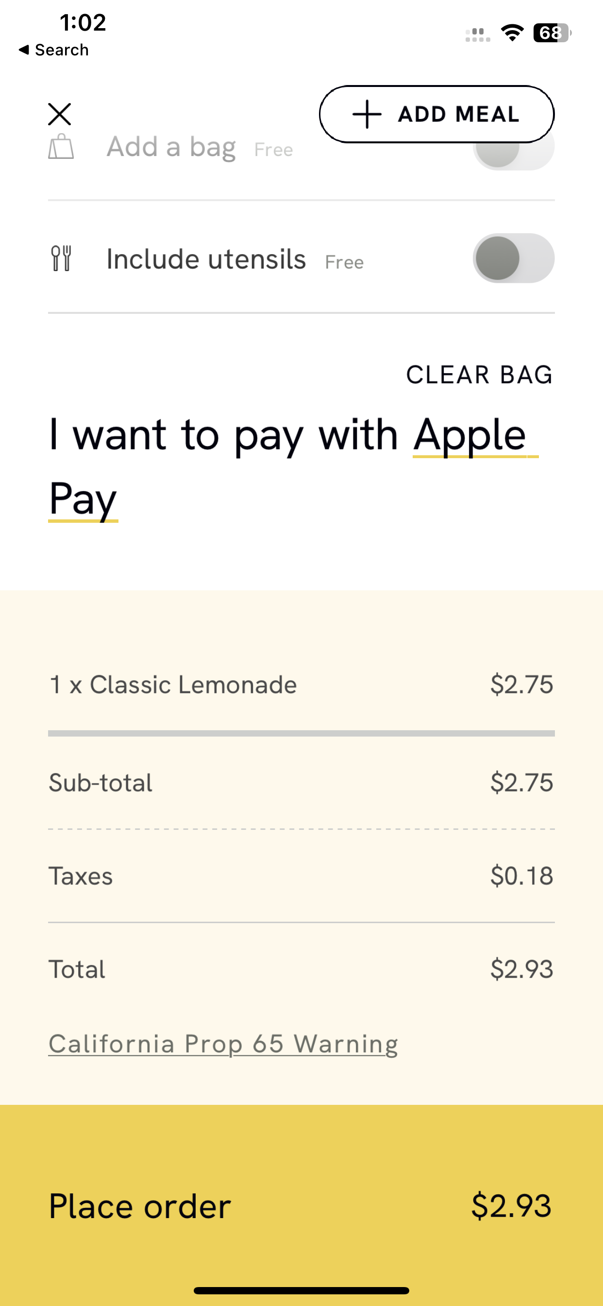 CAVA accepts Apple Pay in its iOS app.