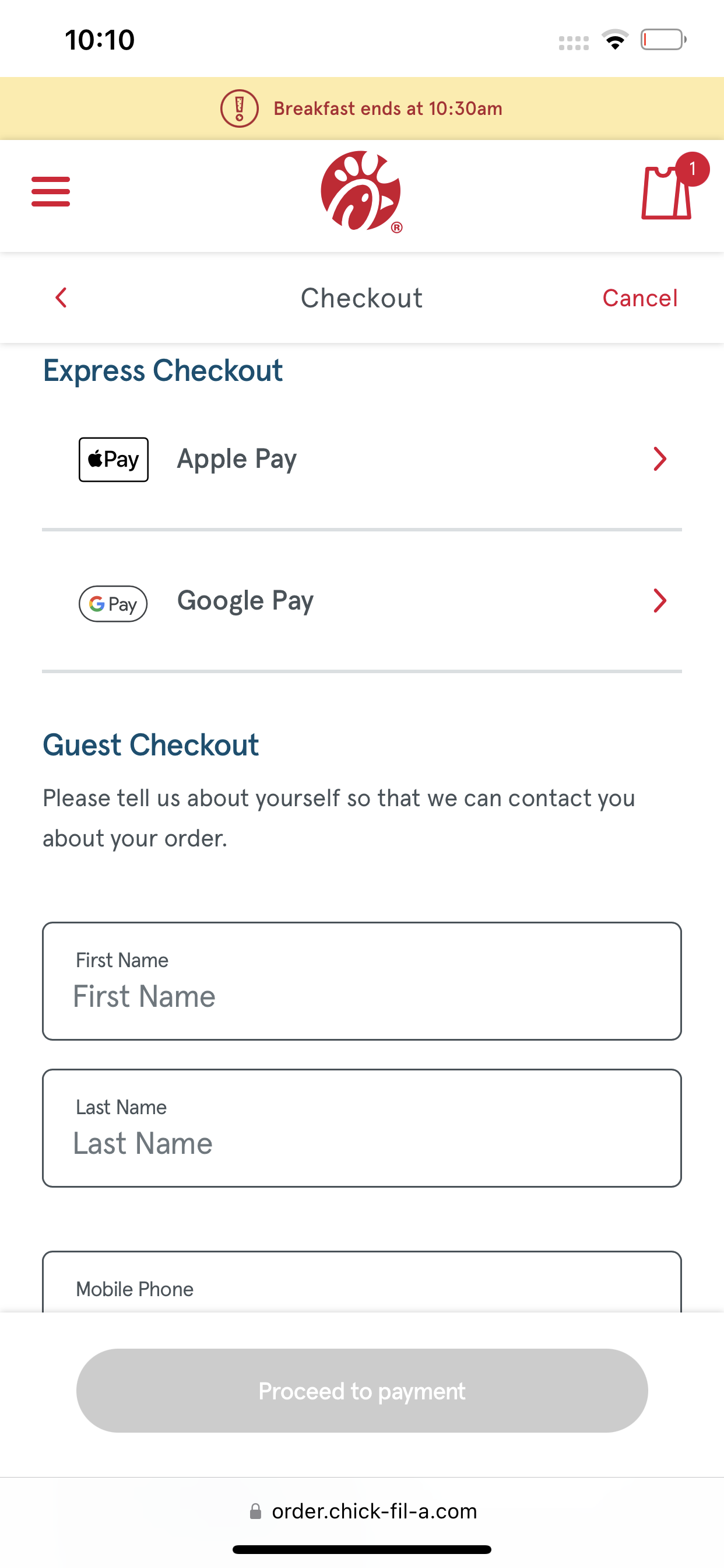 Chick-fil-A accepts Google Pay & Apple Pay online.