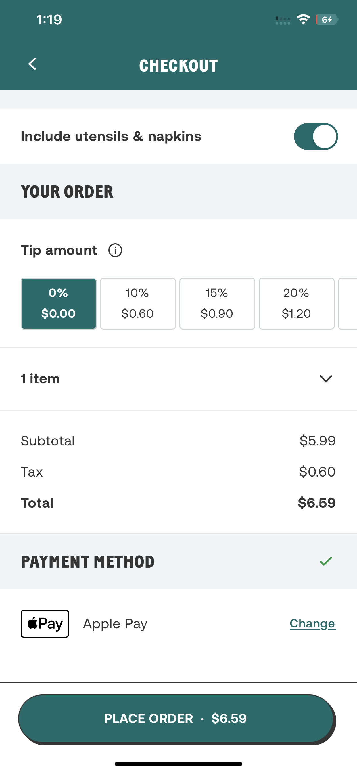 CHOPT accepts Apple Pay in its iOS app.