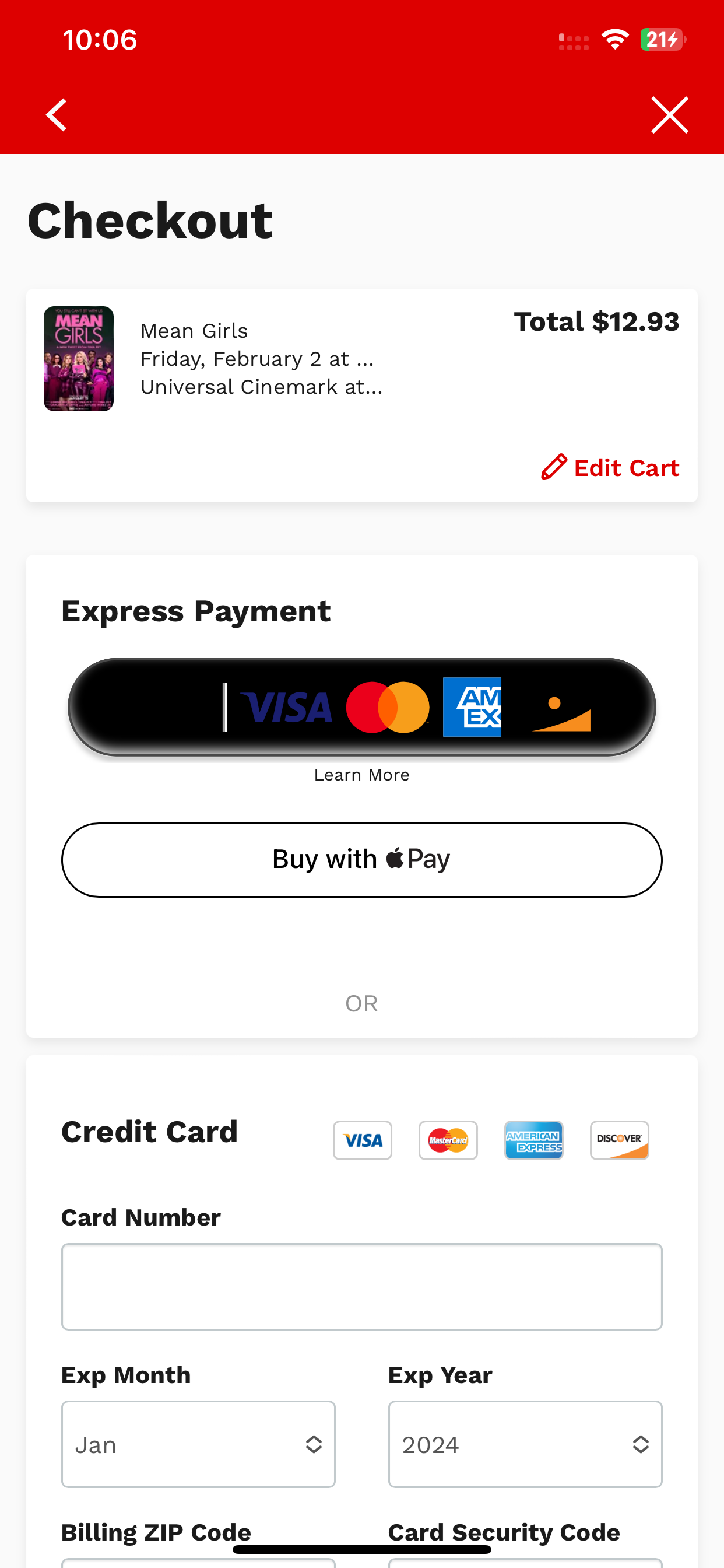 Cinemark accepts Apple Pay in its iOS app.