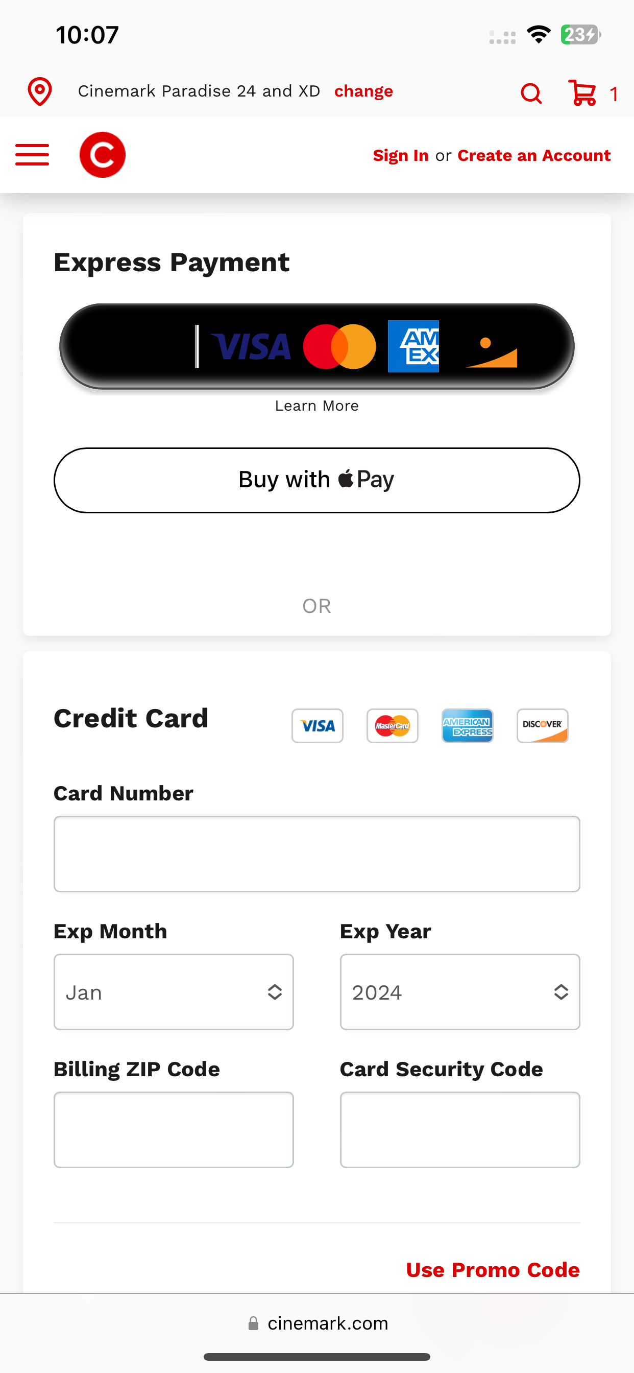Cinemark accepts Apple Pay on its website.