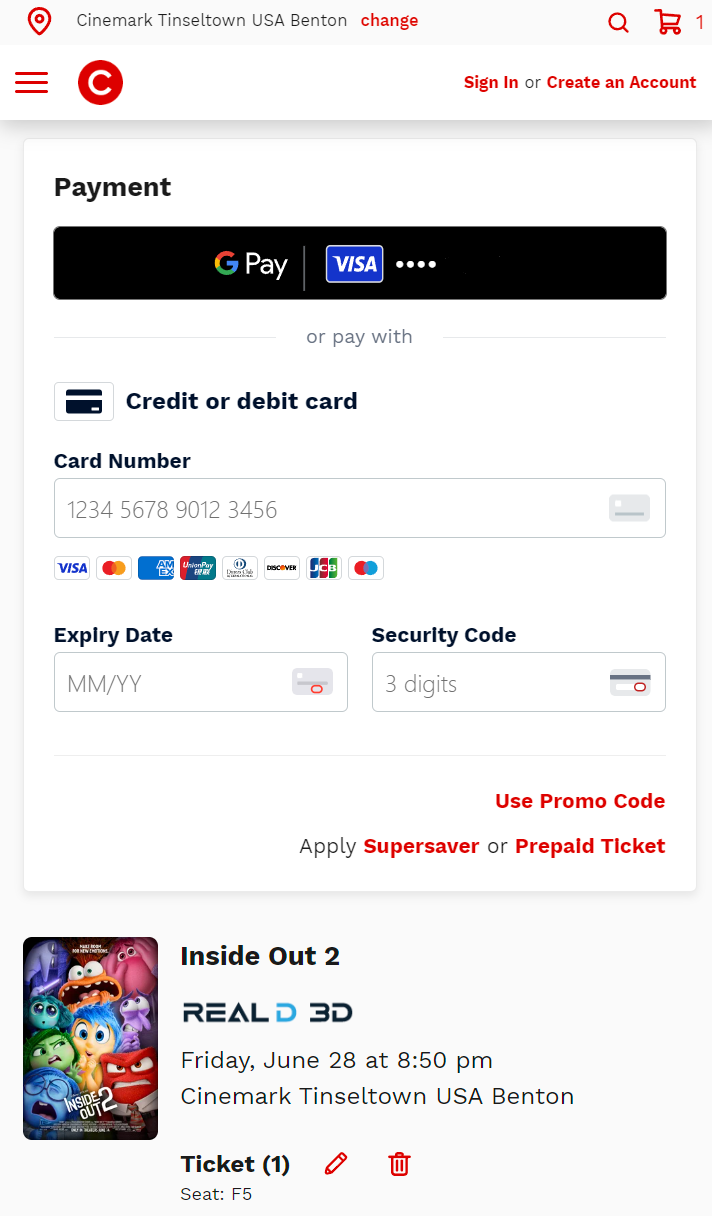 Cinemark accepts Google Pay on its website.