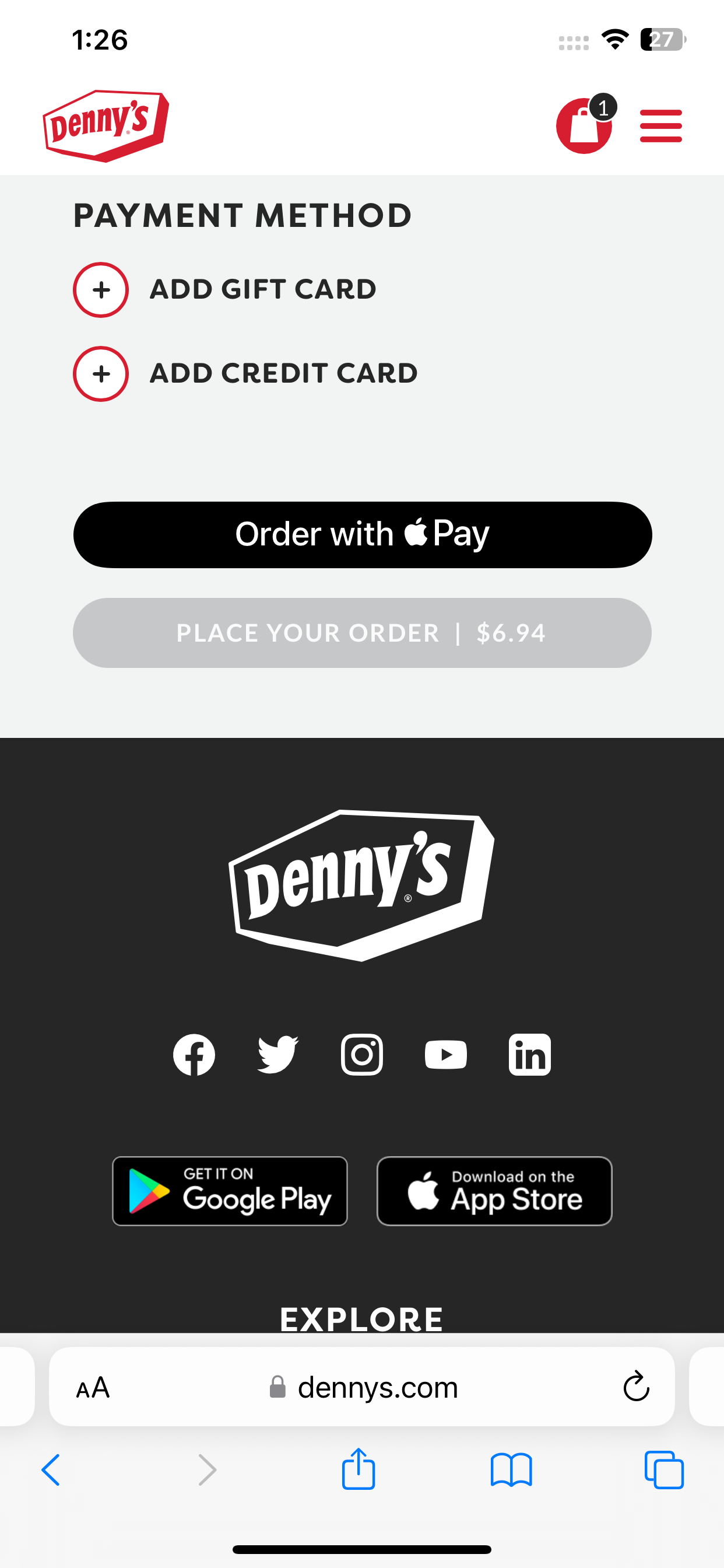 Denny's accepts Apple Pay on its website.
