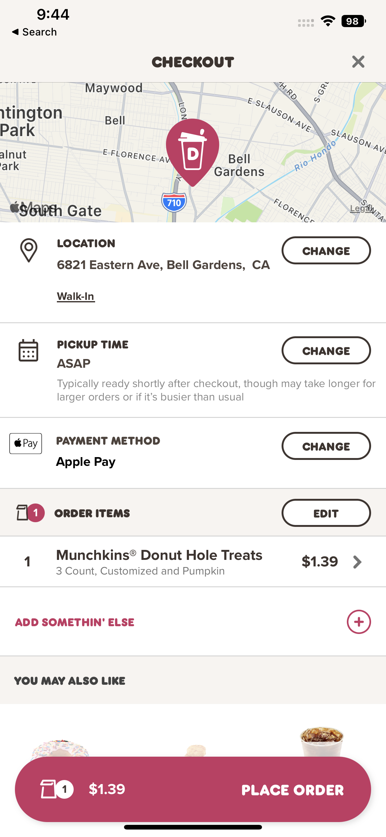 Dunkin' accepts Apple Pay in its app.