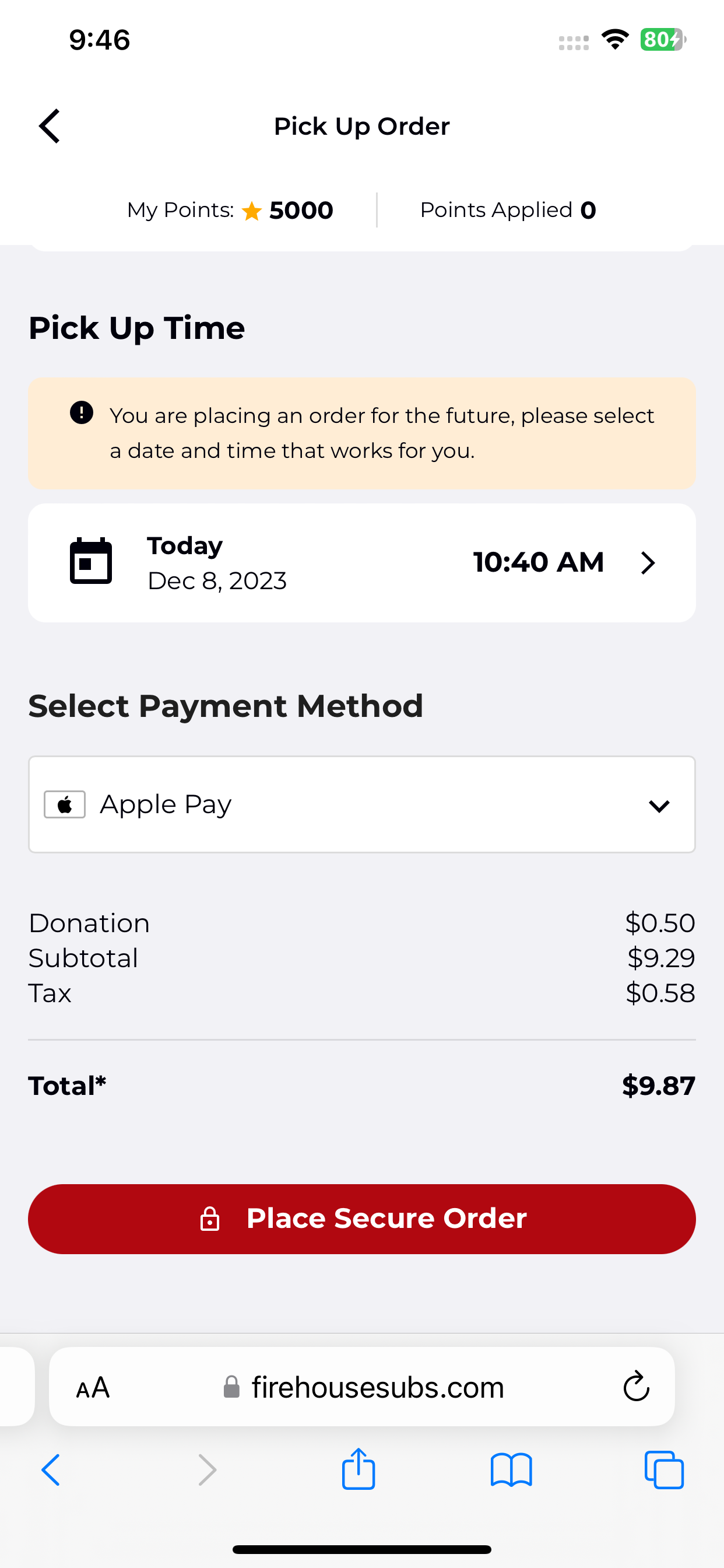 Firehouse Subs accepts Apple Pay on its website.
