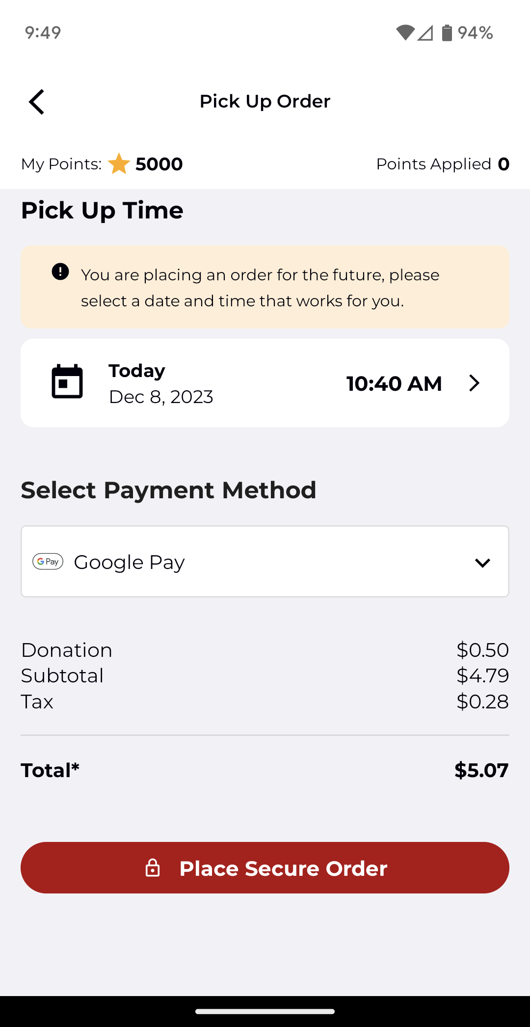Firehouse Subs accepts Google Pay in-app.