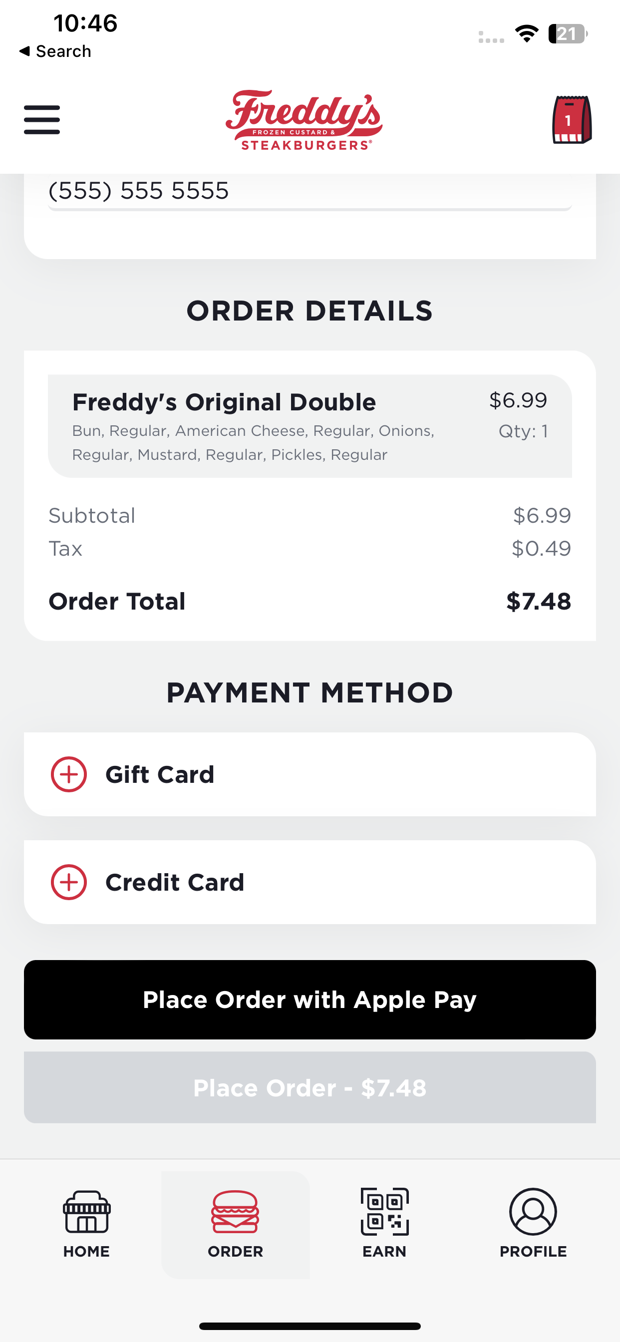 Freddy's accepts Apple Pay in its app.