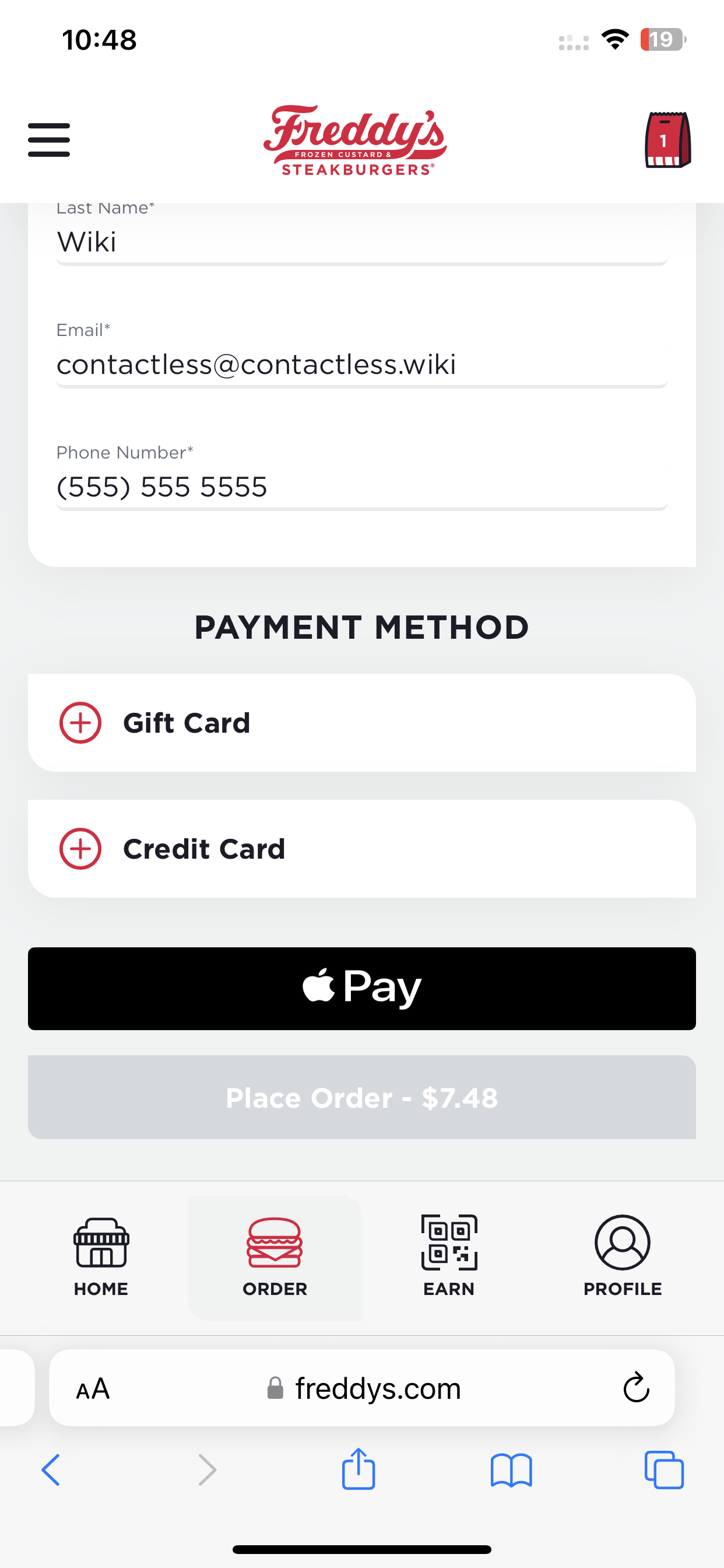 Freddy's accepts Apple Pay on its website.