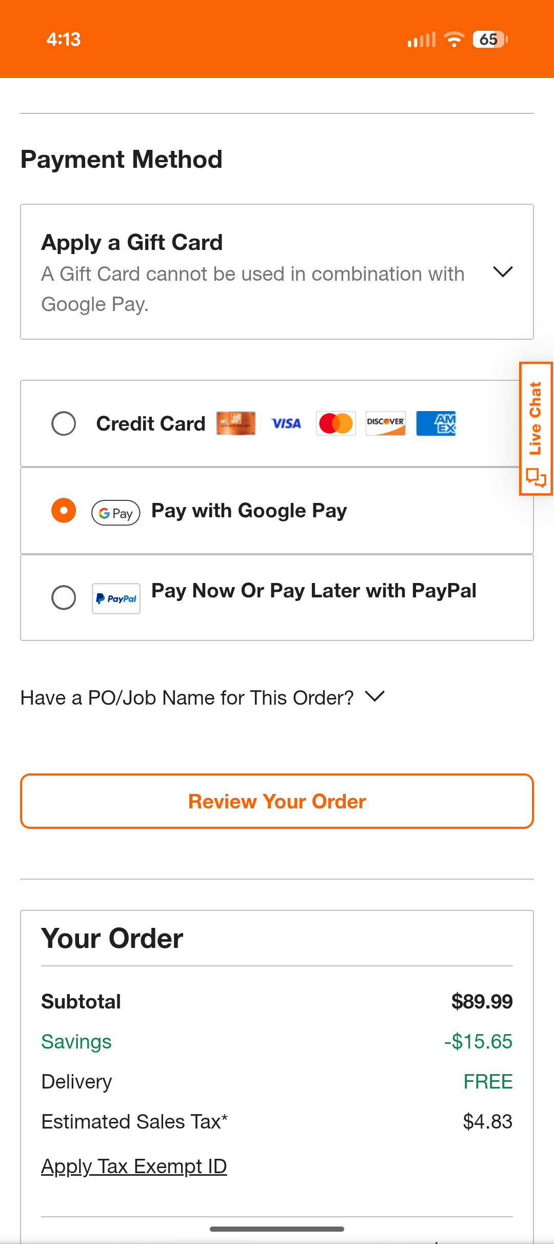 Home Depot accepts Google Pay online.