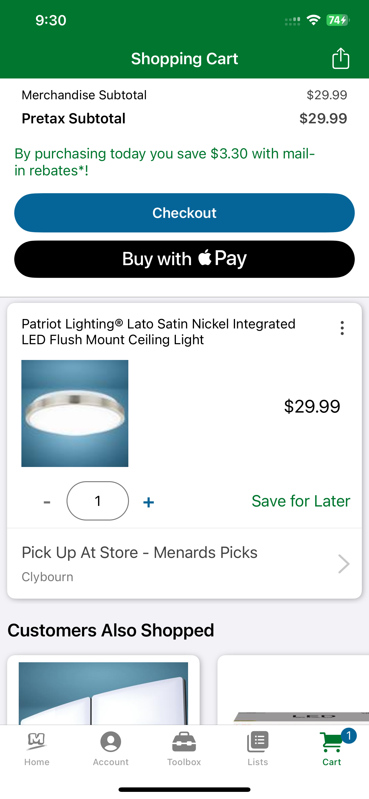 Menards accepts Apple Pay in-app.