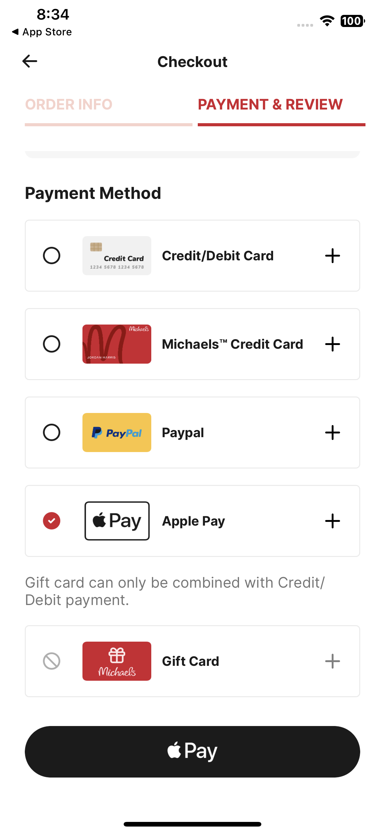Michaels accepts Apple Pay in its iOS app.