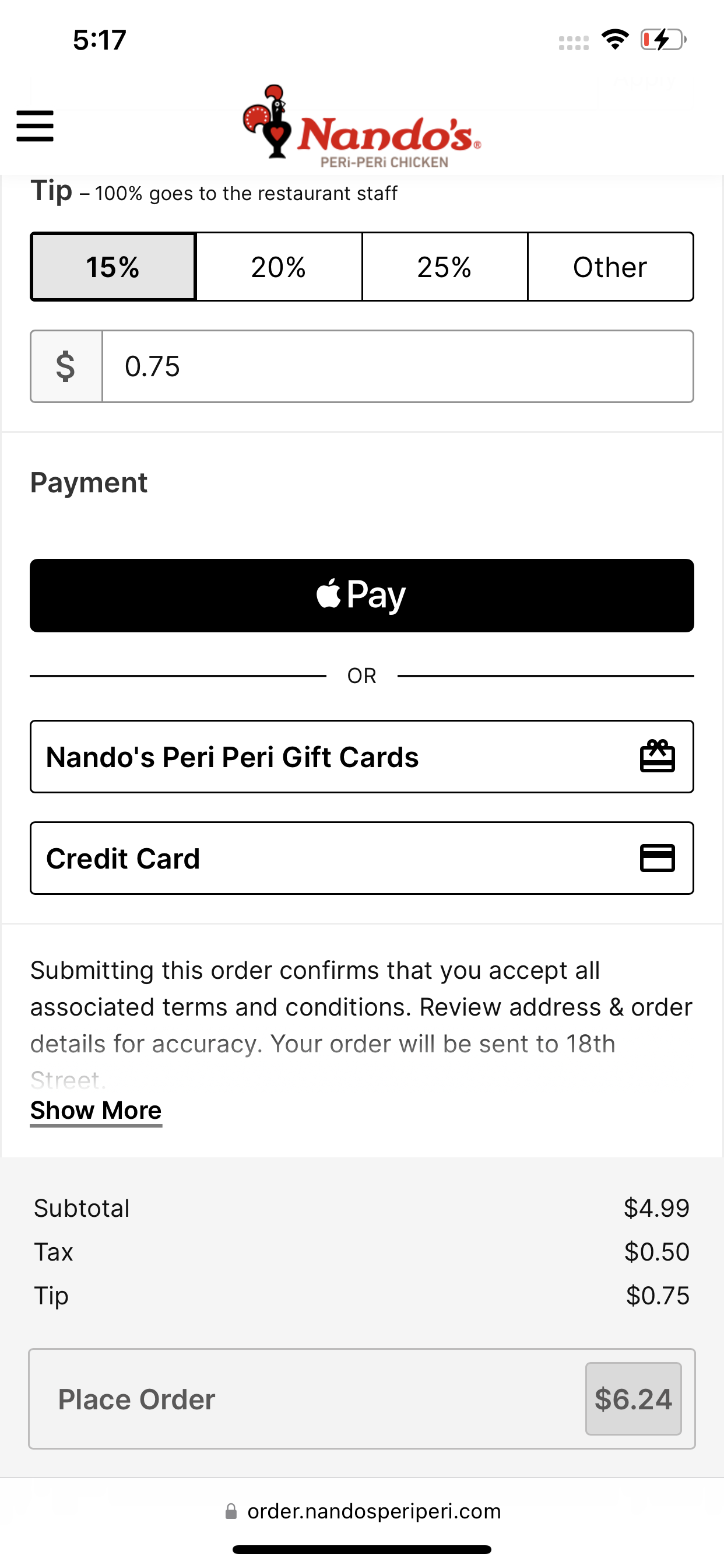 Nando's accepts Apple Pay on its website.
