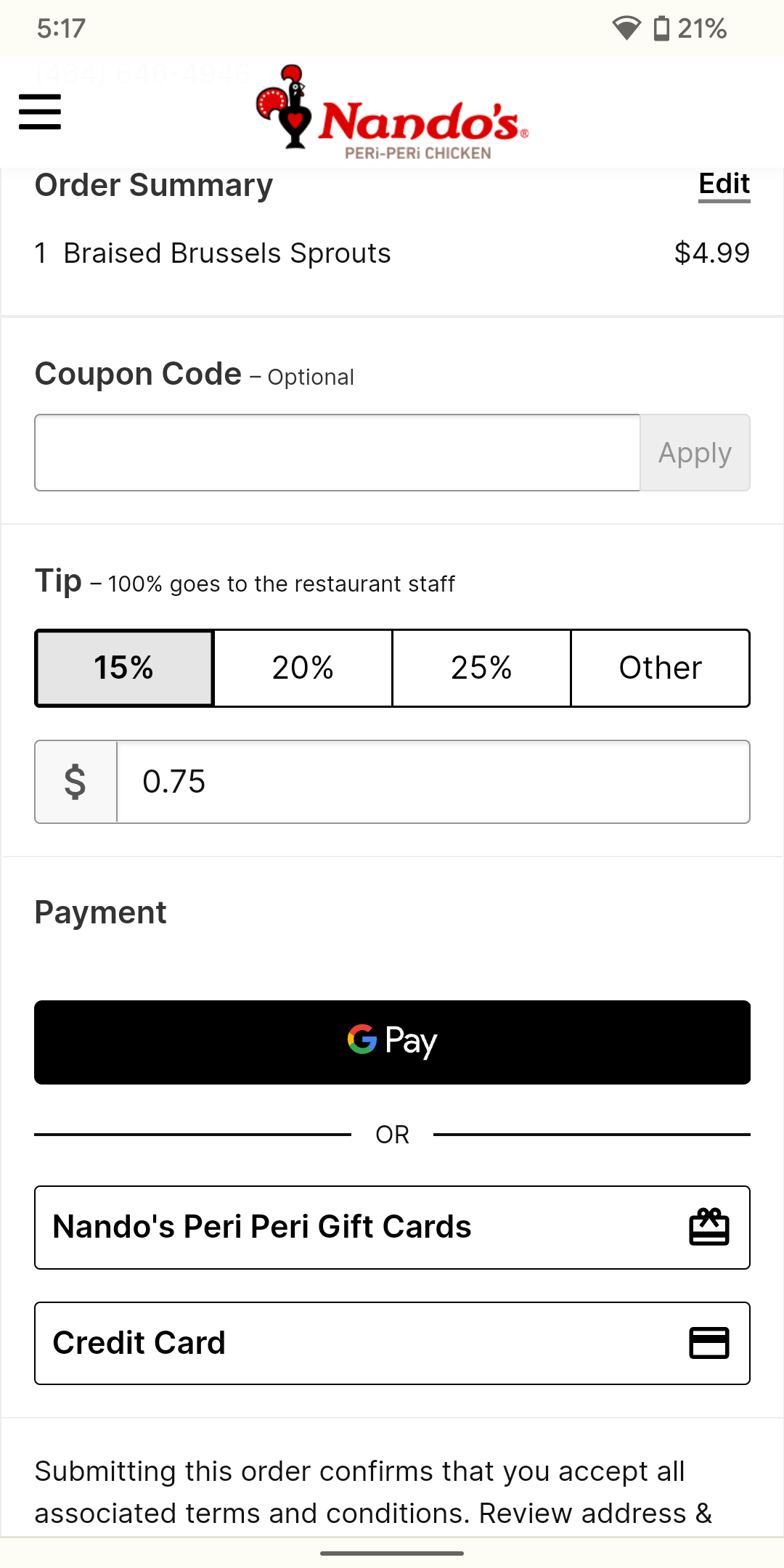 Nando's accepts Google Pay on its website.