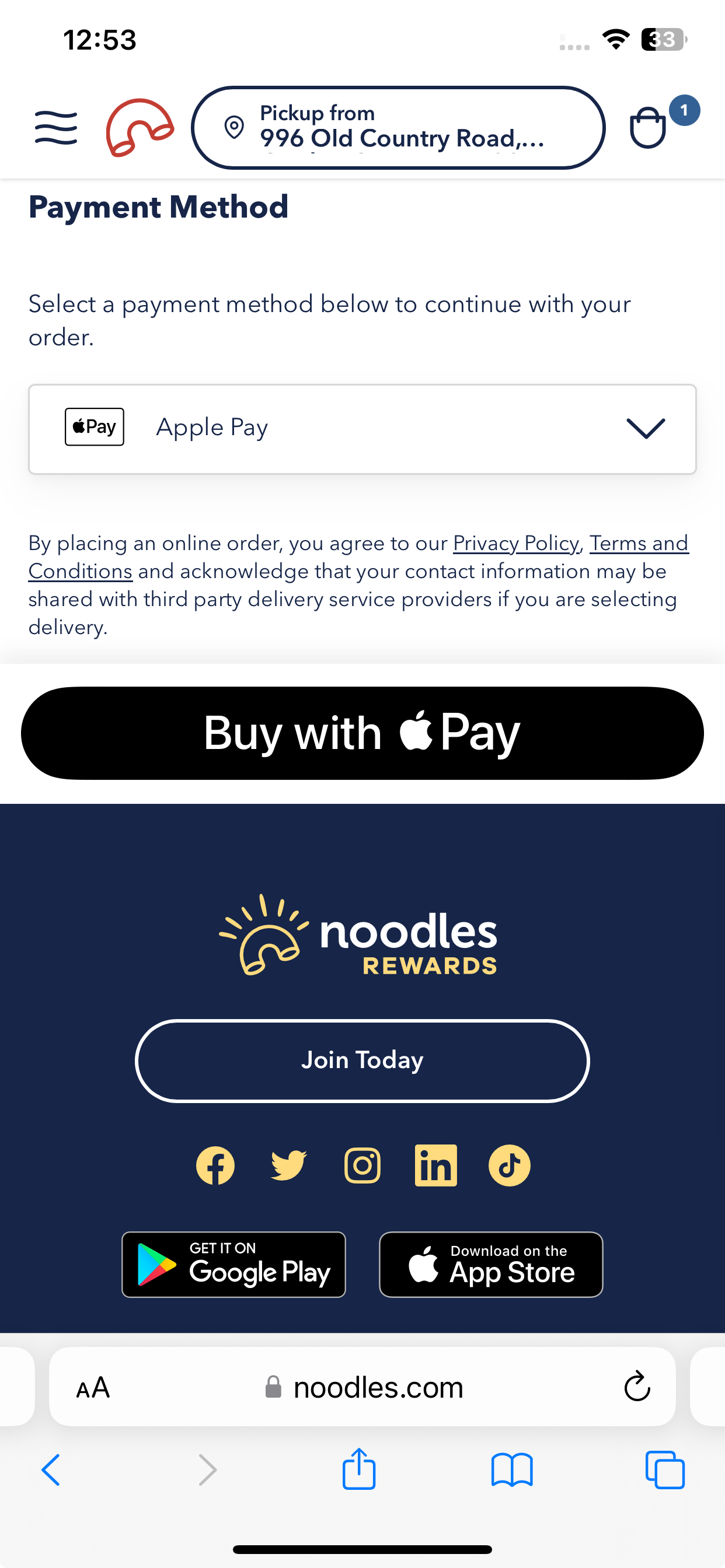 Noodles & Company accepts Apple Pay on its website.