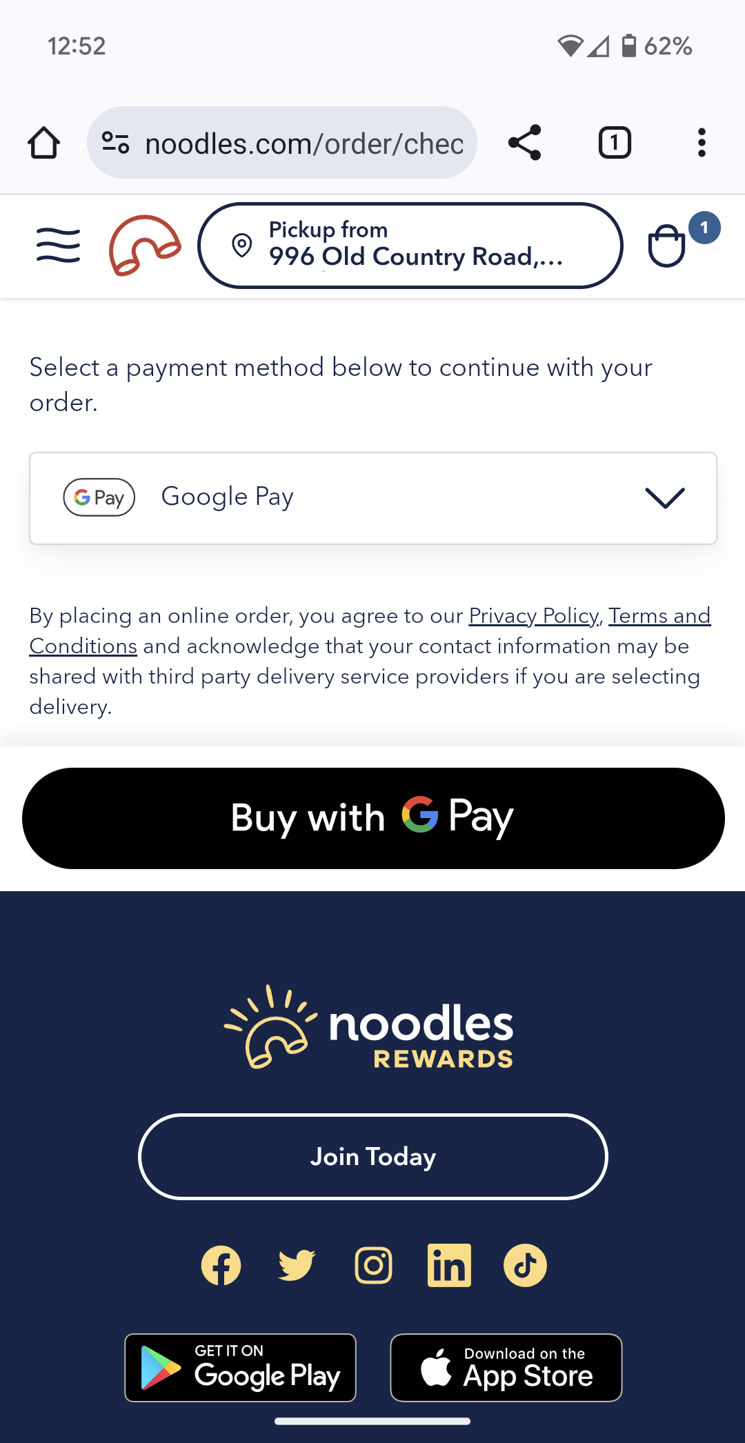 Noodles & Company accepts Google Pay on its website.