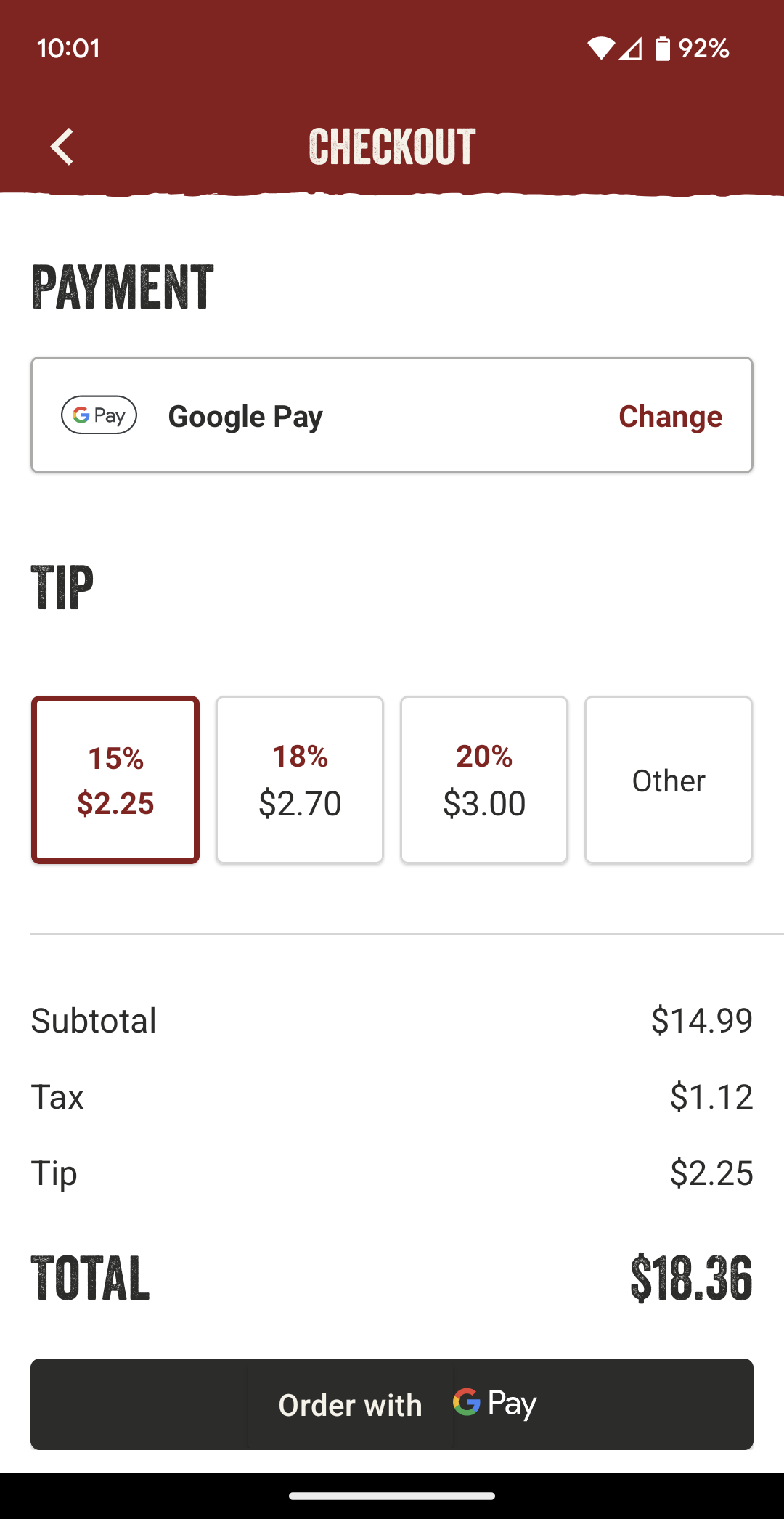 Outback Steakhouse accepts Google Pay in-app.