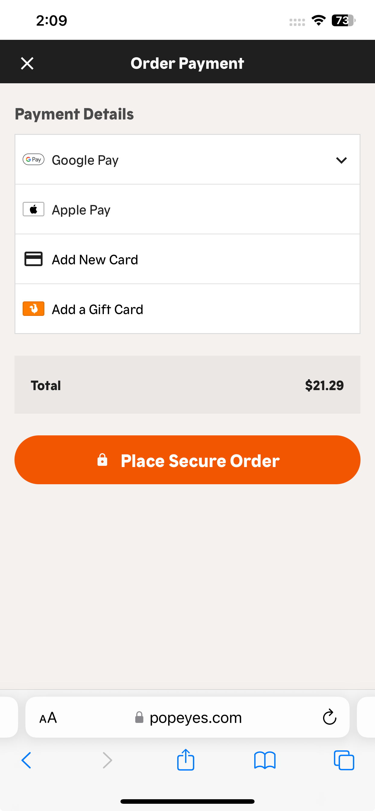 Popeyes accepts Google Pay & Apple Pay online.