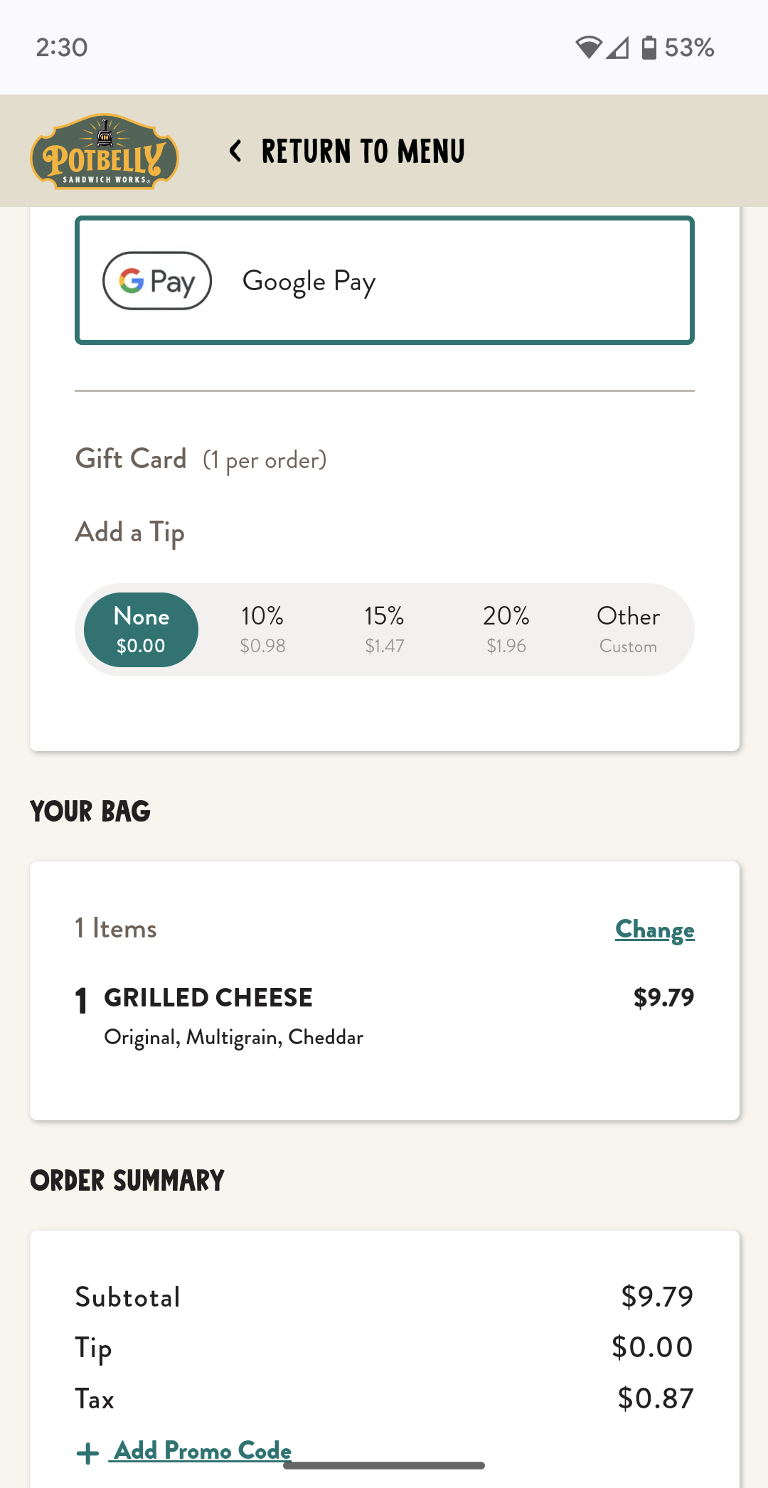 Potbelly Sandwich Works accepts Google Pay online.