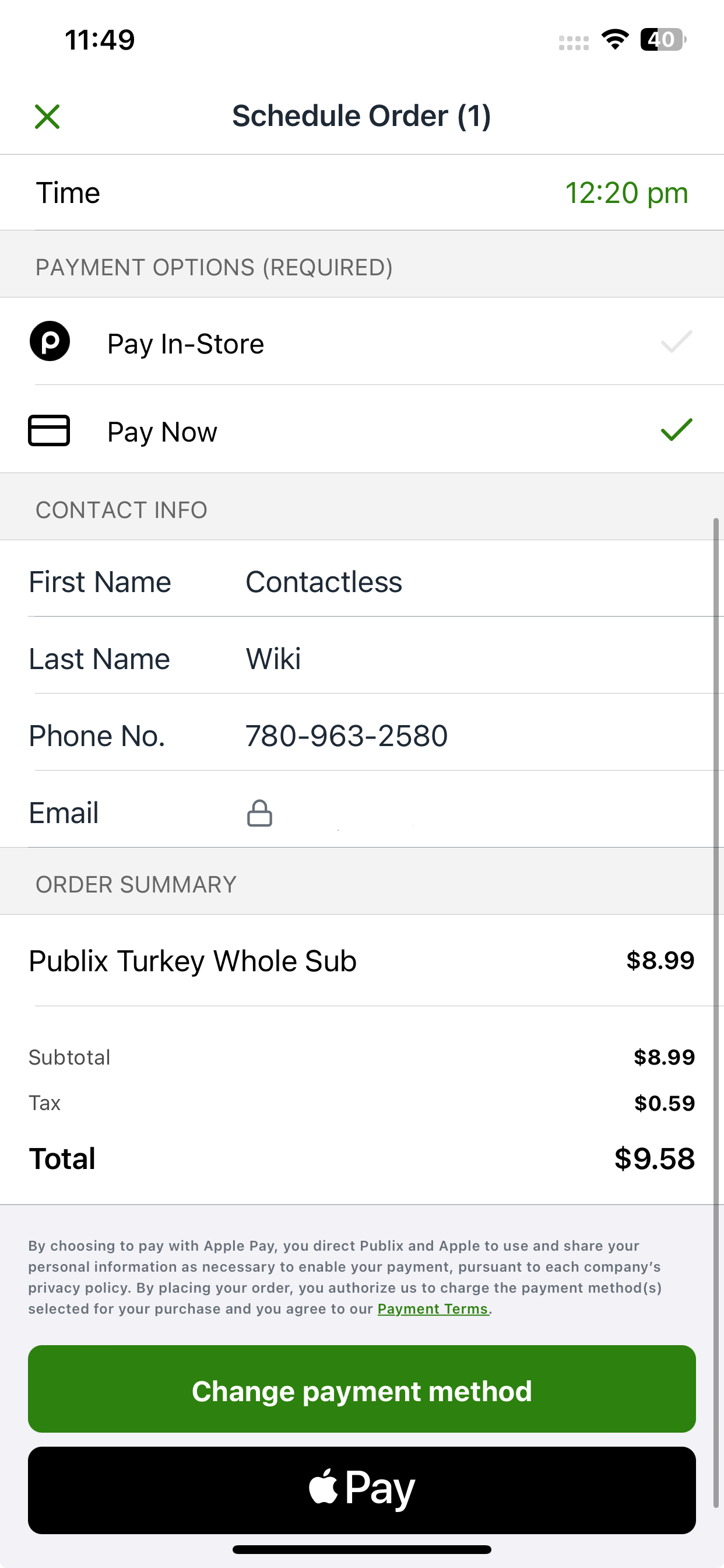 Publix accepts Apple Pay in-app.