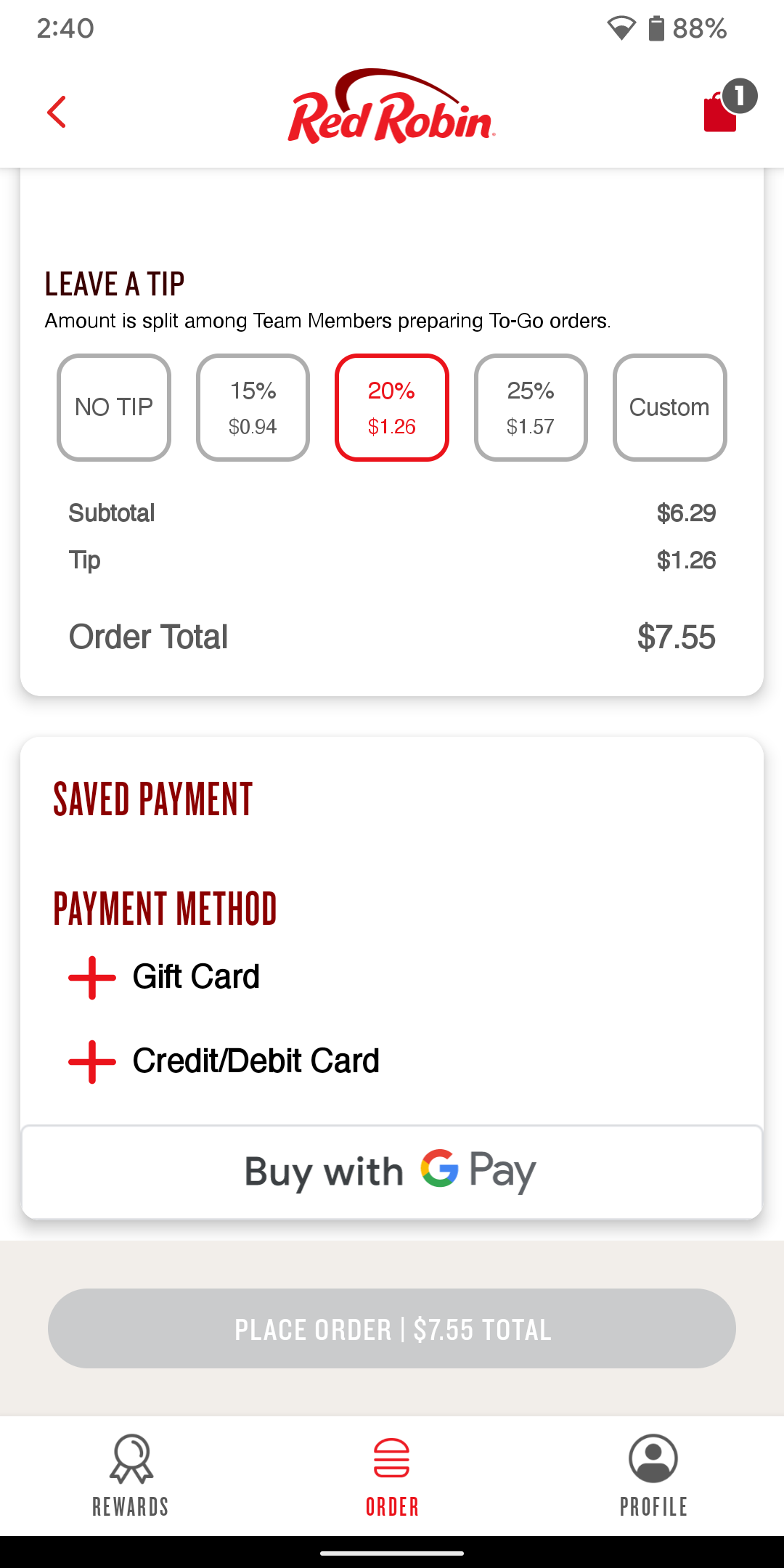 Red Robin accepts Google Pay in its Android app.