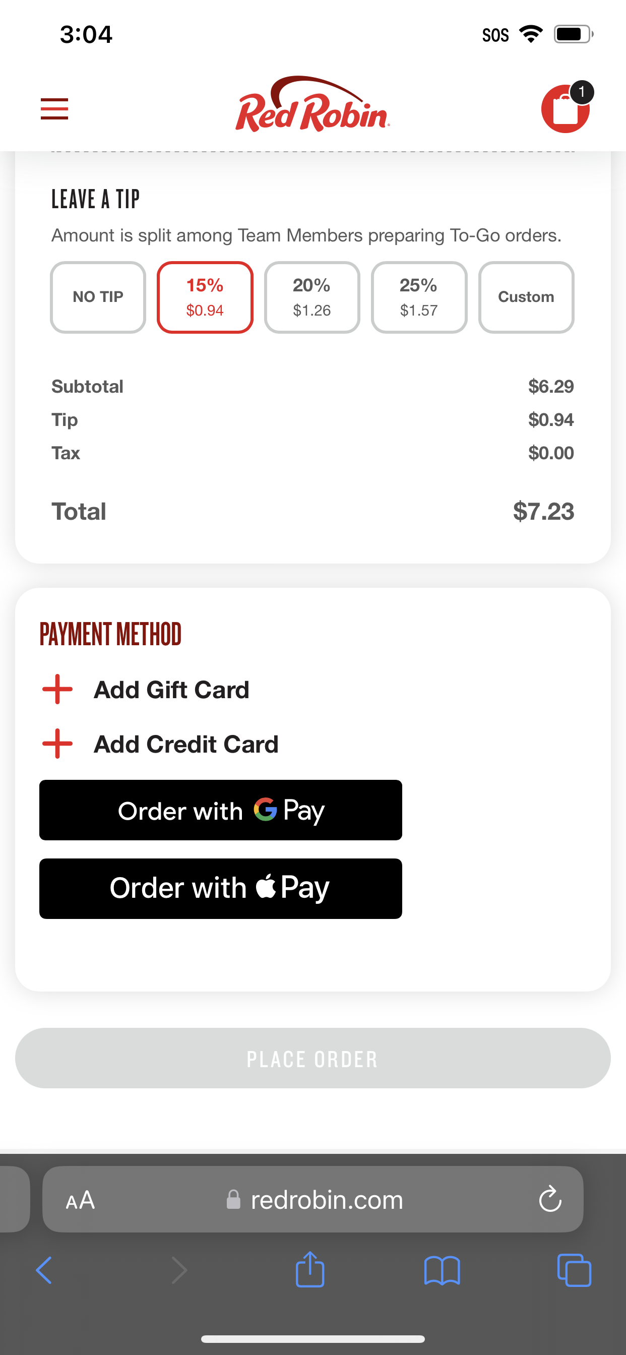 Red Robin accepts Google Pay & Apple Pay on its website.