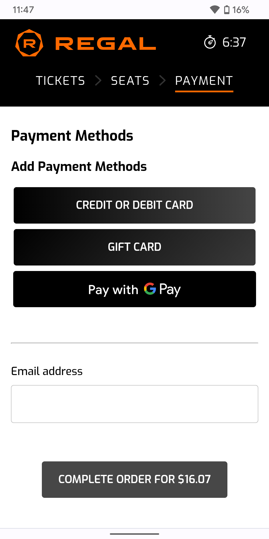 Regal accepts Google Pay on its website.