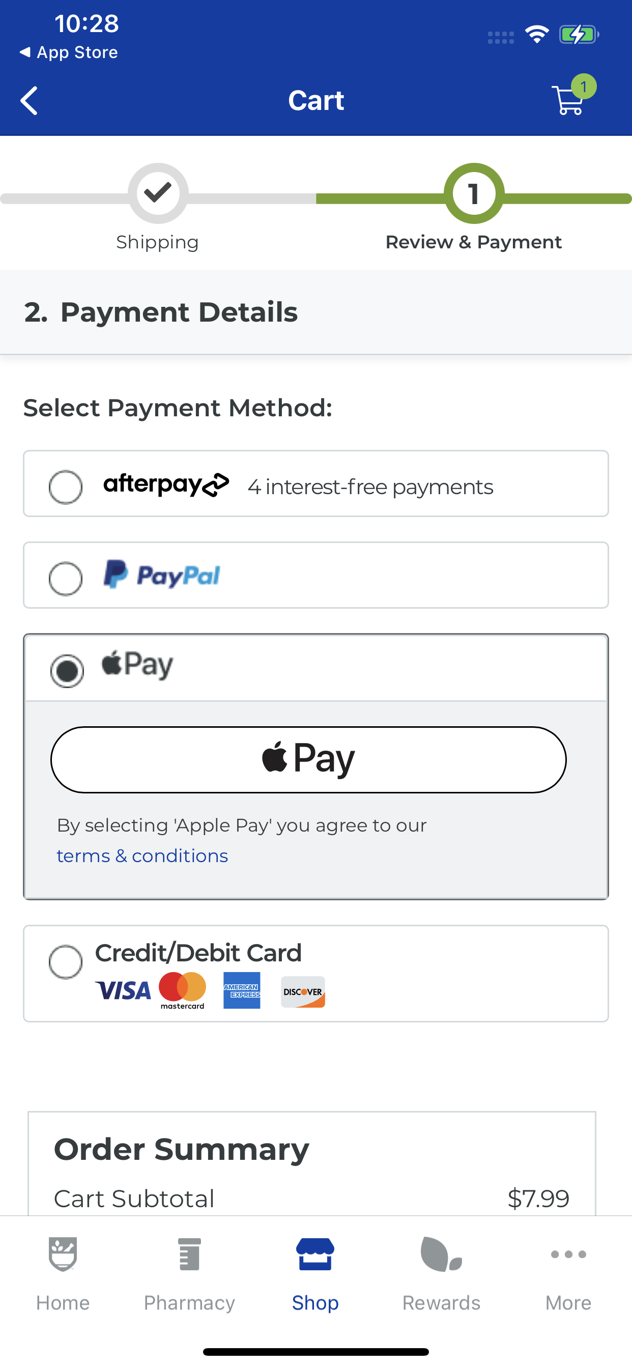 Rite Aid accepts Apple Pay on its app.