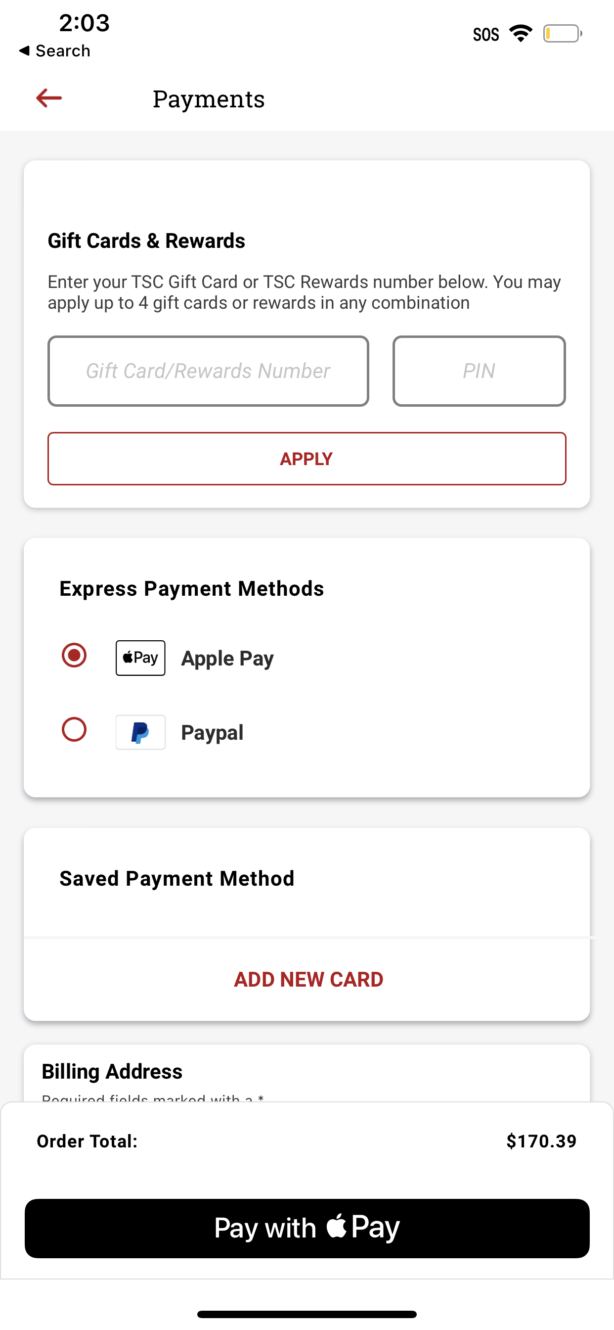 Tractor Supply Company accepts Apple Pay in its app.