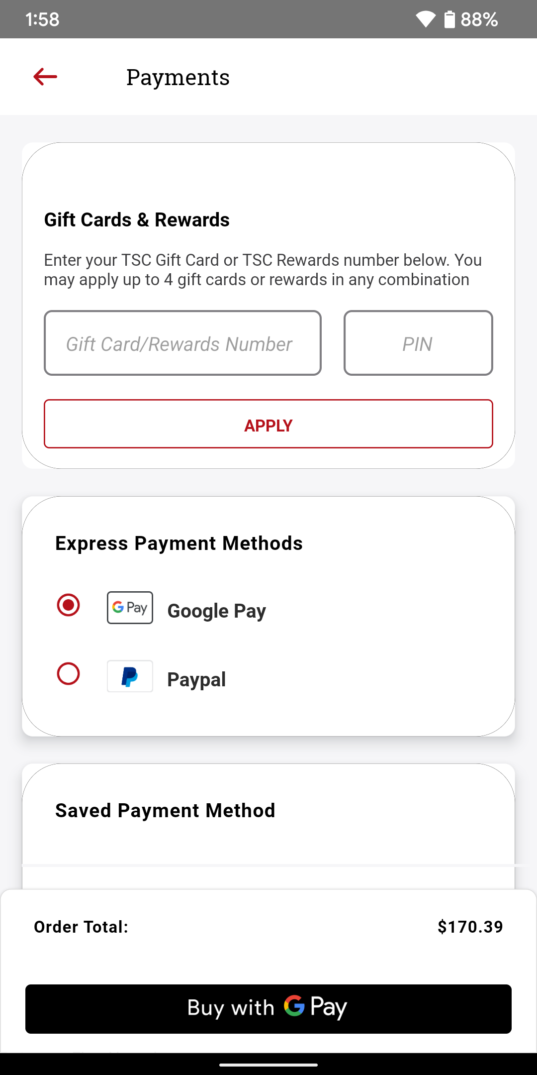 Tractor Supply Company accepts Google Pay in its app.