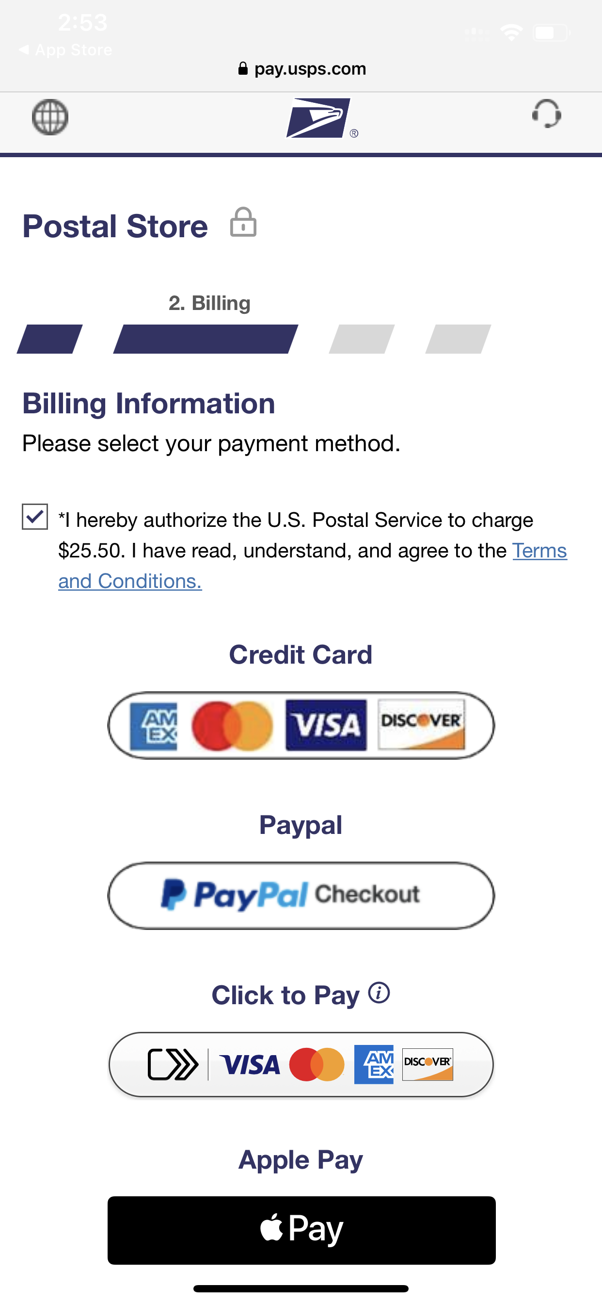 USPS accepts Apple Pay in its app and on its website.