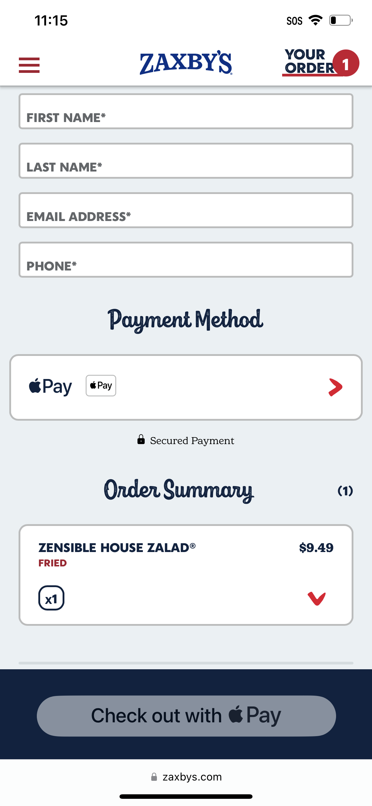 Zaxby's accepts Apple Pay on its website.