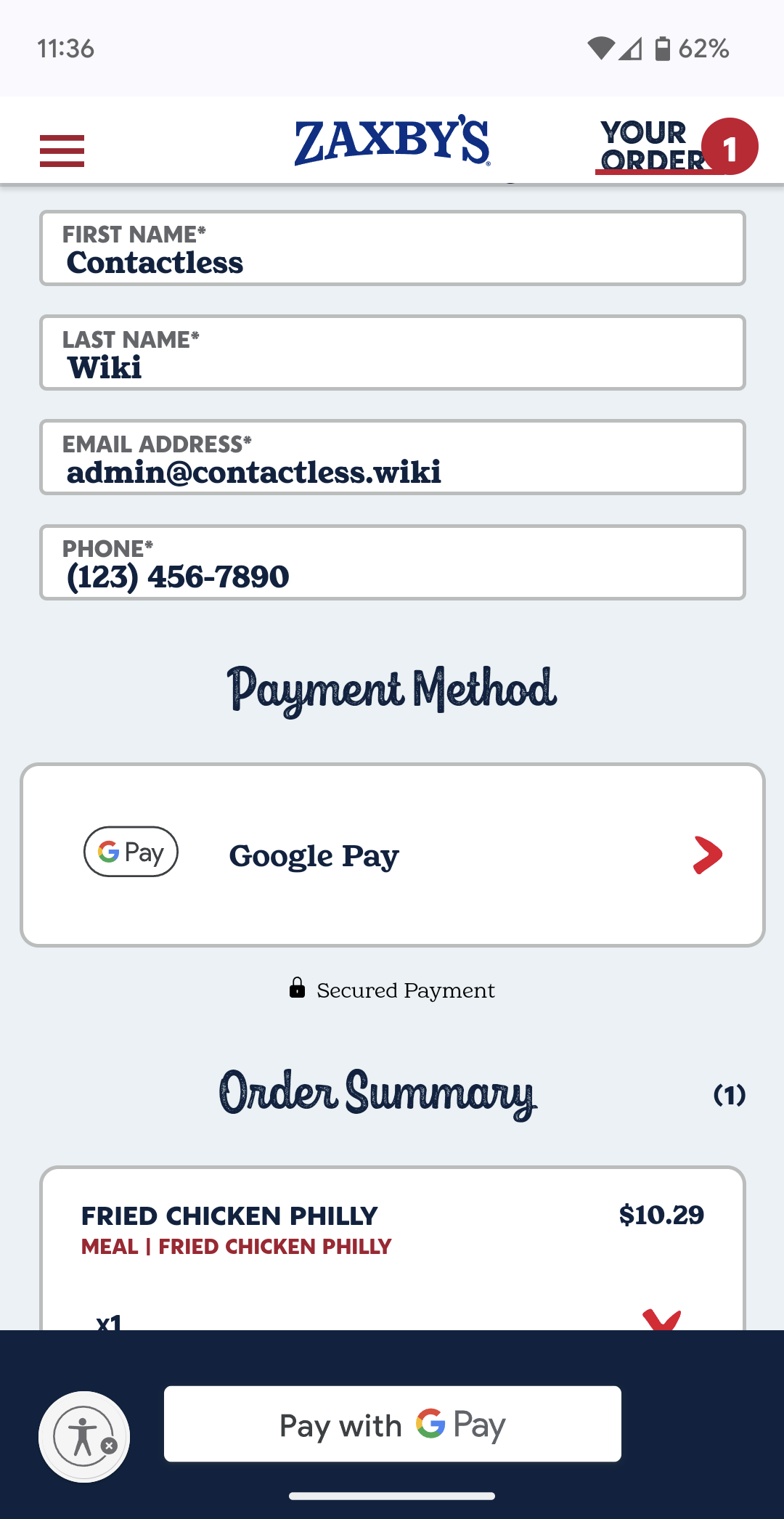 Zaxby's accepts Google Pay on its website.